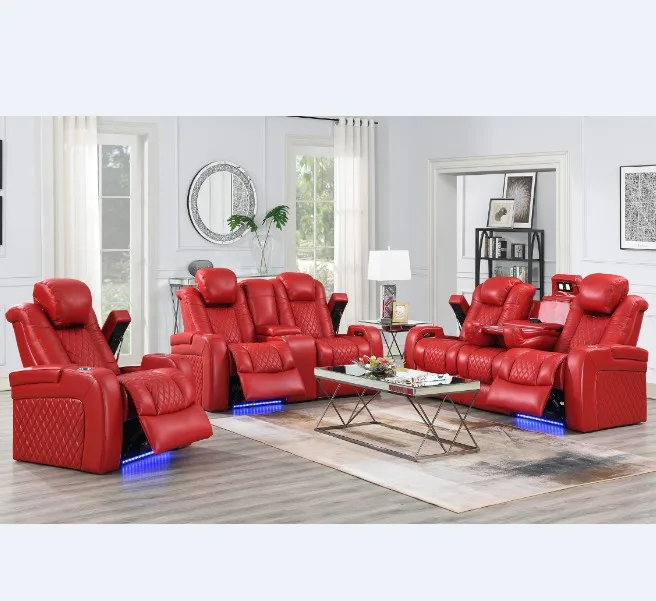 Functional genuine Leather 1+2+3 electric recliner sofa set with LED USB and console