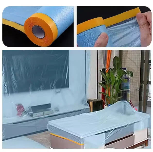 LongTai Oem 110cm*25m Auto Paint Plastic Pre-Taped Masking Film With Masking Tape