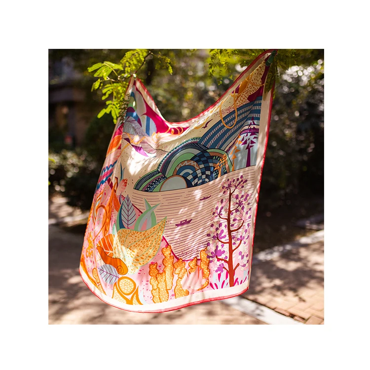New Pattern Design 12mm 100% Mulberry Silk Scarf  90cm Square Silk Scarf Custom Silk Scarf
