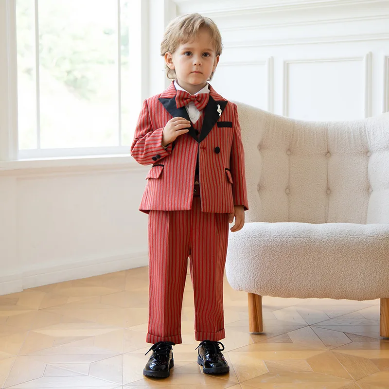 Red Stripe Children Handsome Blazers Suit Kids Piano Stage Performance Baby Boys Birthday Party Wedding Formal Suits Clothes