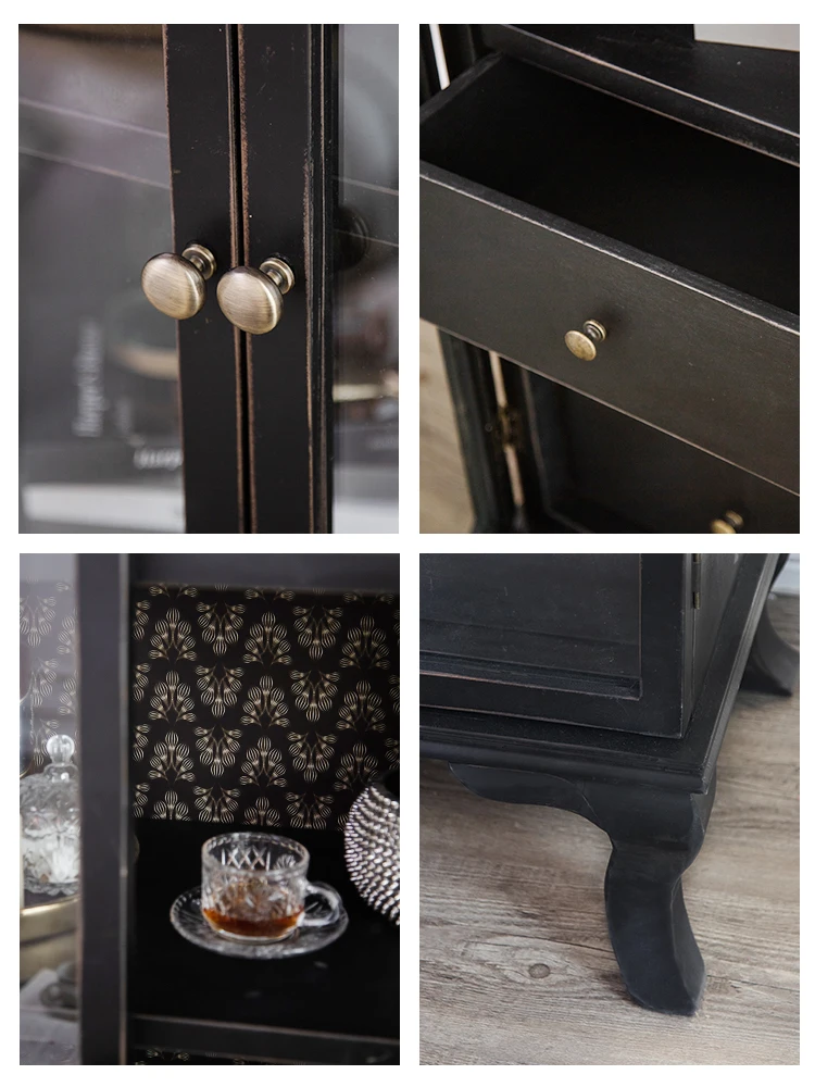 Classic Retro Arched Home Furniture Black Wood Glass Arch Cabinet