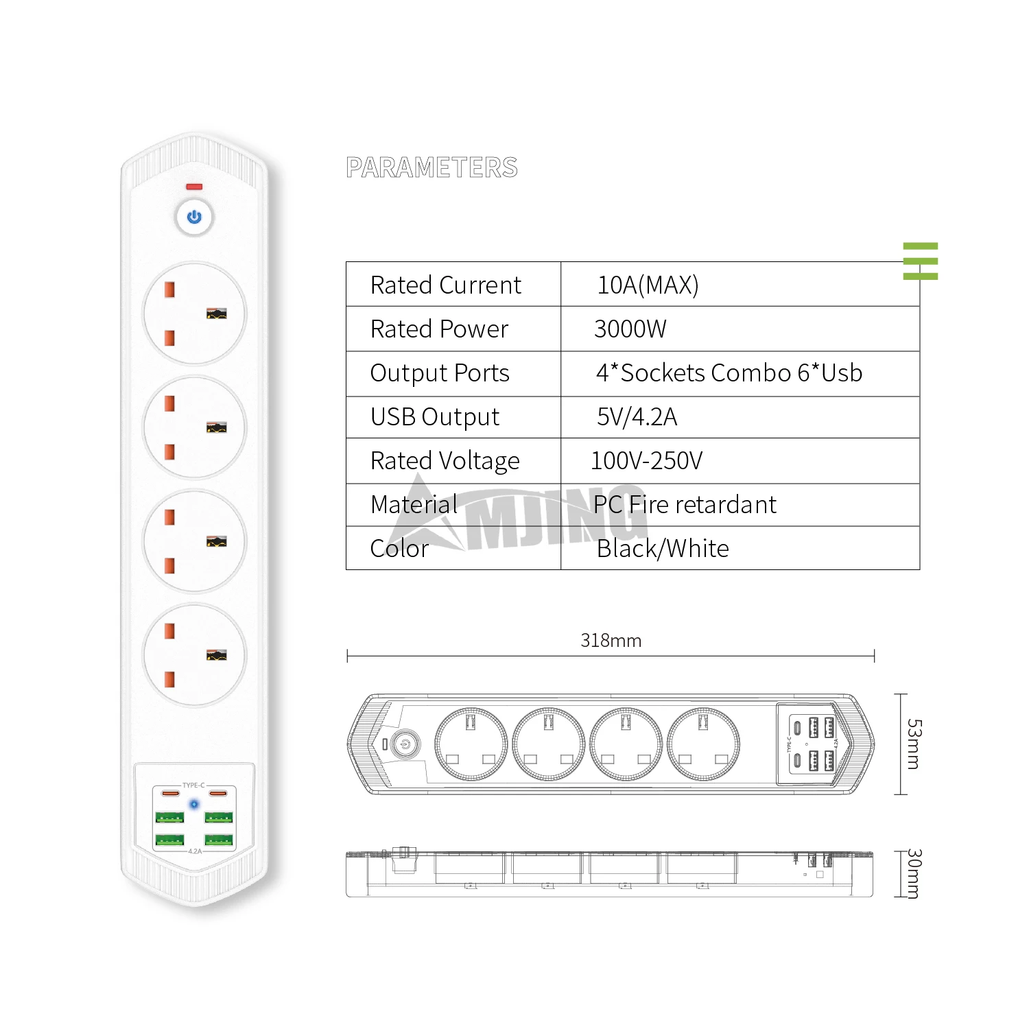 High quality power extension socket uk surge protector power strip with type c usb