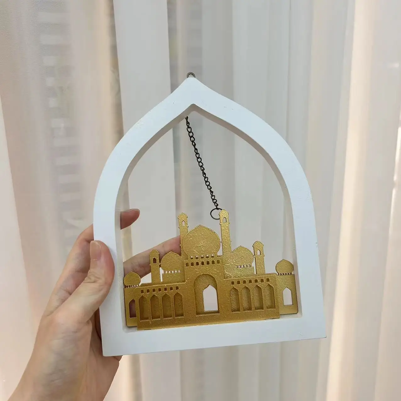 Islamic Mosque Shape Wall Sign Umrah Hajj Festive Gifts Ramadan Mubarak Pendant Muslim Eid Hanging Wooden Decoration