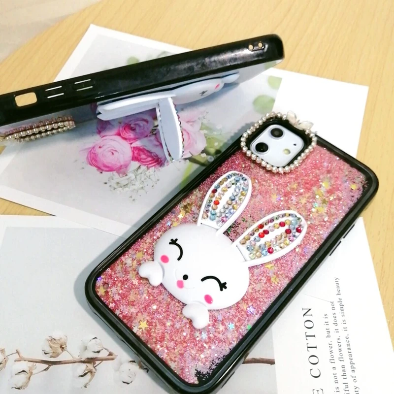 Luxury Diamond case for iphone 13 case High Quality Cute Rabbit Liquid Glitter Sequins PC+TPU Phone Case for iPhone 12 11 XS XR