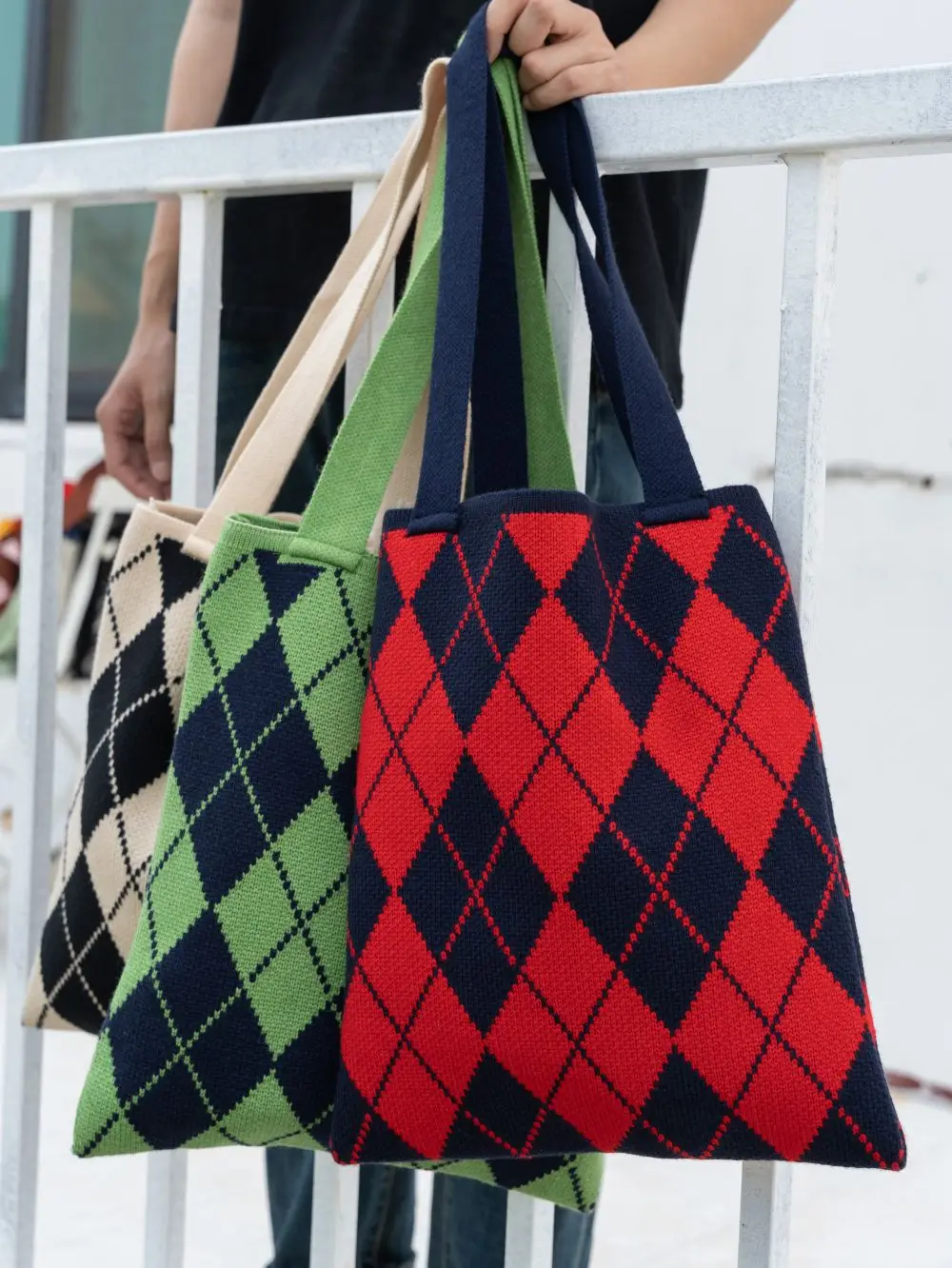 Japanese Quilted Rhombus Lattice Pattern Knitted Women Shoulder Bag Crochet Wool Korean Fashion Tote Shopping Bag