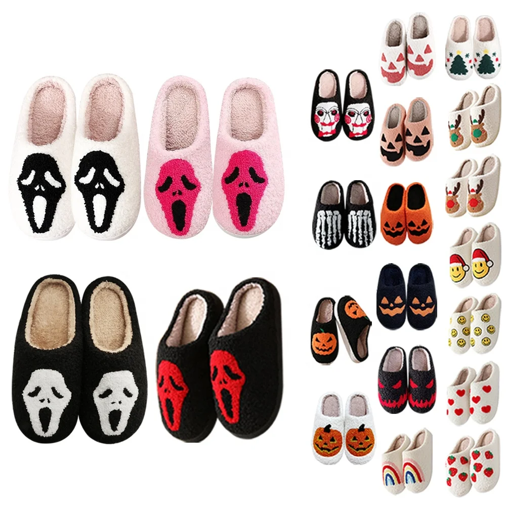 Забавные осенне-зимние плоские мягкие женские мужские Хэллоуин призрак тыква тёплые тапочки для помещений на открытом