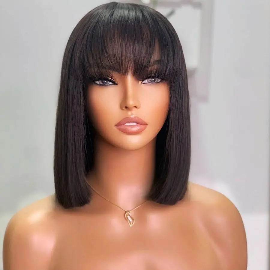 Wholesale Straight Middle Part Lace Bob Wigs Brazilian Remy Hair Double Drawn for Women Centre with Bang