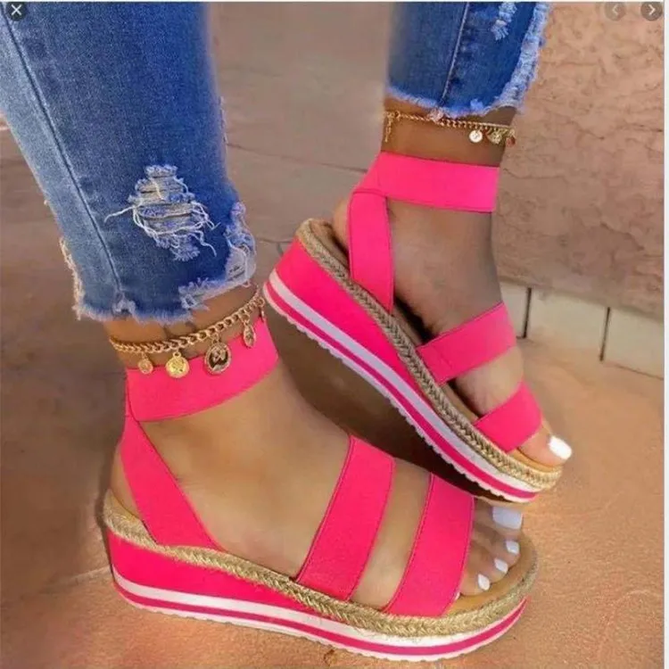 Summer new women wedge heel sandals hemp rope bottom color matching women sandals