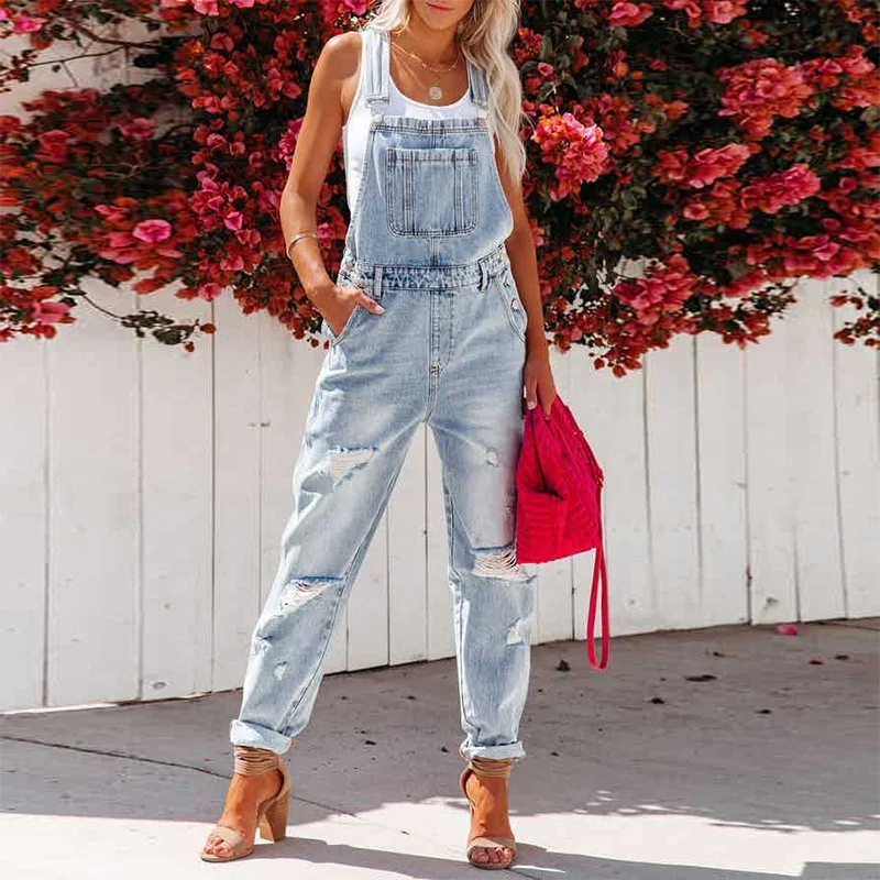 WJ294 fashion ladies overall jeans jumpsuit denim women denim romper destroy washing denim jumpsuit women