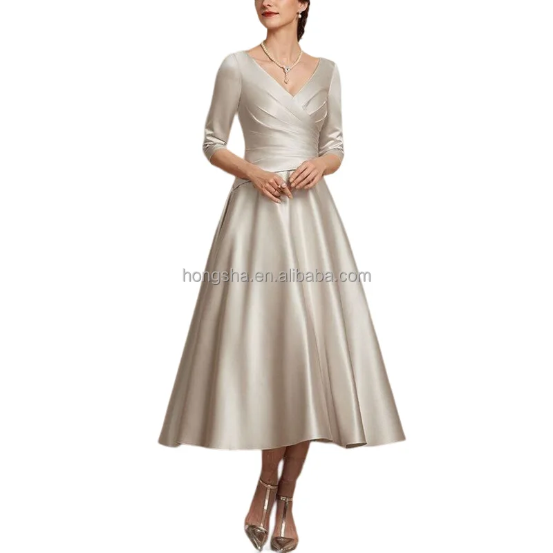 Half Sleeve Satin A Line Wedding Dress Women V Neck Bridal Satin Fabric Wedding Dress Ruffle Front Elegant Satin Wedding Dresses