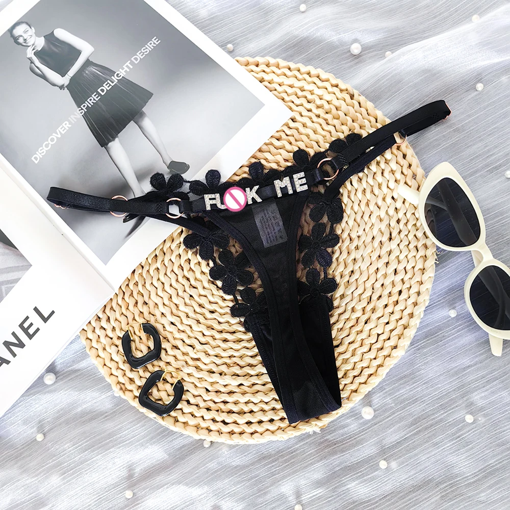 2024 Custom Letter Name Sexy lace Embroidered Underwear Tangas flower Panties with rhinestone letter Thong