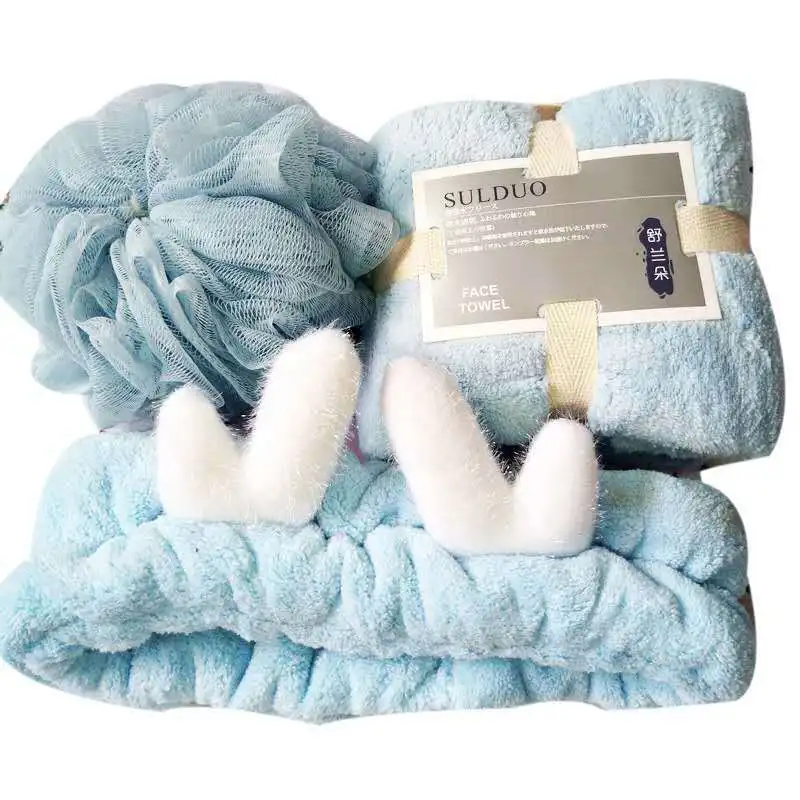 Thick Coral fleece Bath 3 Pcs Towel Set hand towel headband sponge