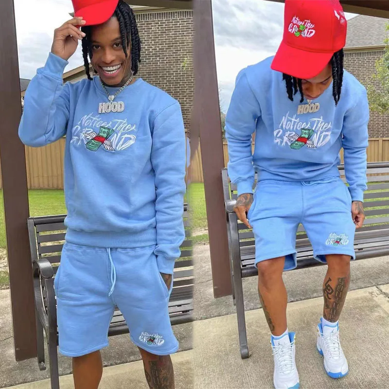 Custom Embroidery Sportswear Jogger Mens Crewneck Sweatshirts And Sweat Shorts Set Cotton 2 Piece Sweatshirt Shorts Set For Men