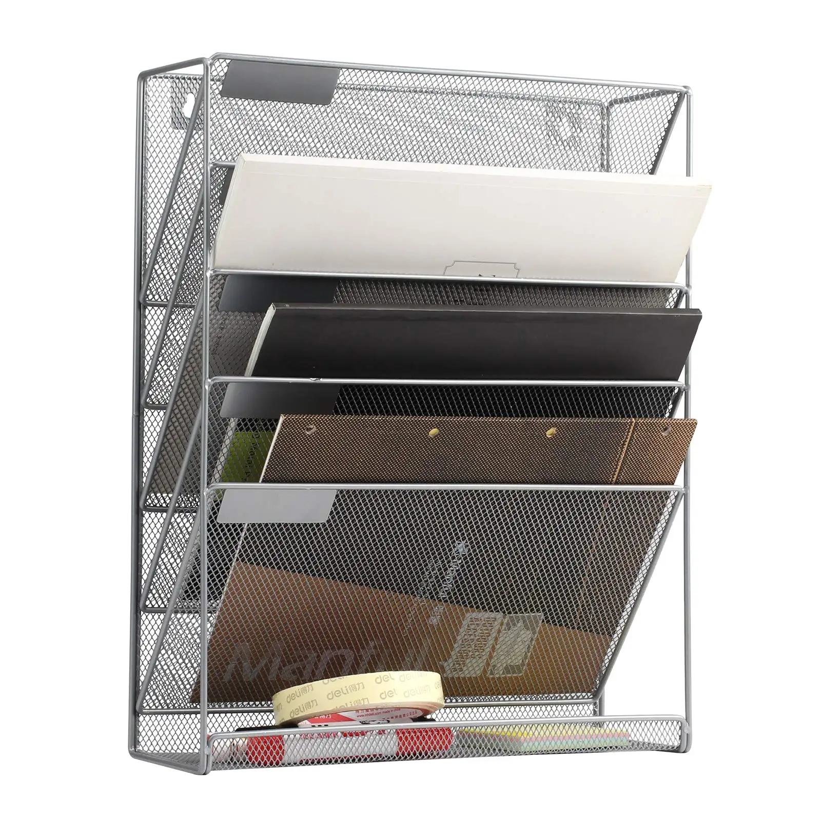 Mesh Hanging Wall File Organizer 5 Tier Vertical Mount, Durable Wall File Holder with Bottom Flat Tray for Office Home