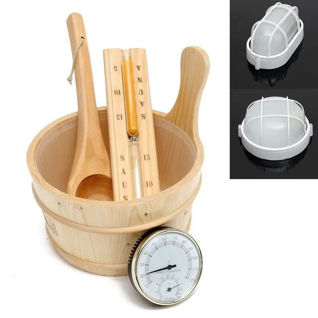 5Pcs/Set Sauna Tool Bucket + Scoop + Sand Clock + Thermometer +Explosion-proof lampshade