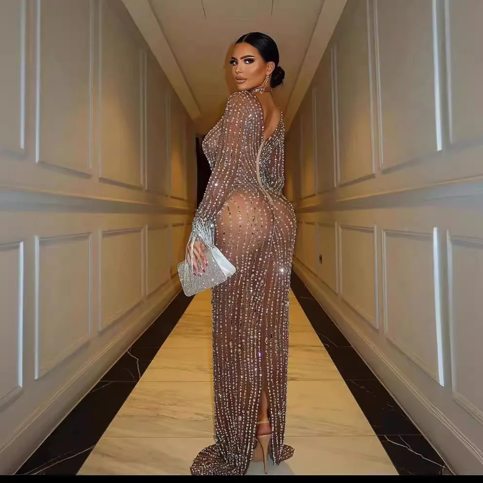 High Quality Crystal Applique Fringe Cuffs Translucent Mesh Long Sleeve Dresses Luxury Beaded Evening Gown Wedding Dress