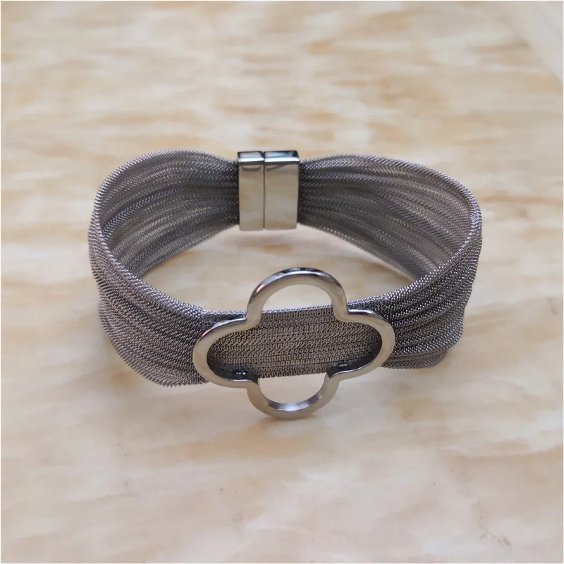 High Quality Women Stainless Steel Mesh Wide Bracelet Magnetic Clasp  Bangle With Flower Charm