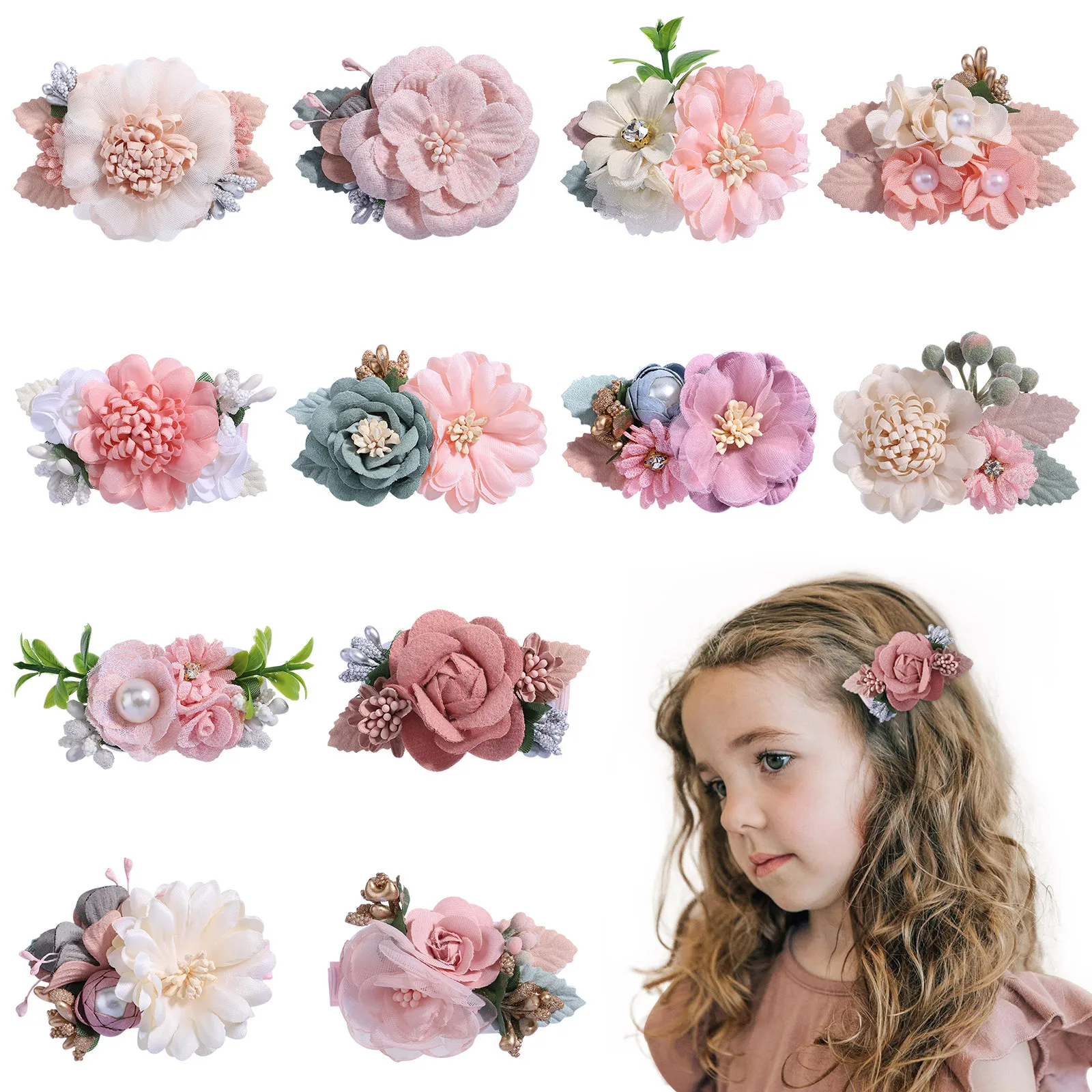 JOJO Fashion Cute Sweet Pearl Fabric Artificial Flowers Girls Kids Hair Clips Hairpins Barrettes Hair Accessories for Girls