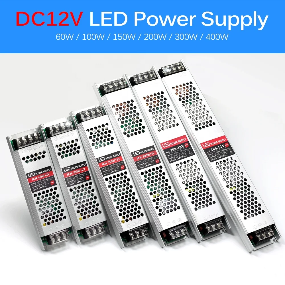  Ультра тонкий светодиодный источник питания ac/DC 12V 24V трансформаторы систем освещения 60W 100W 150W 200W 300W 400W AC190-240V драйвер для светодиодных лент