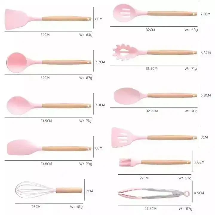 Popular 19-piece set of Silica Gel Kitchen Utensil set with Wooden Handle and Cuttings Board Storage Bucket Kitchen Gadget set