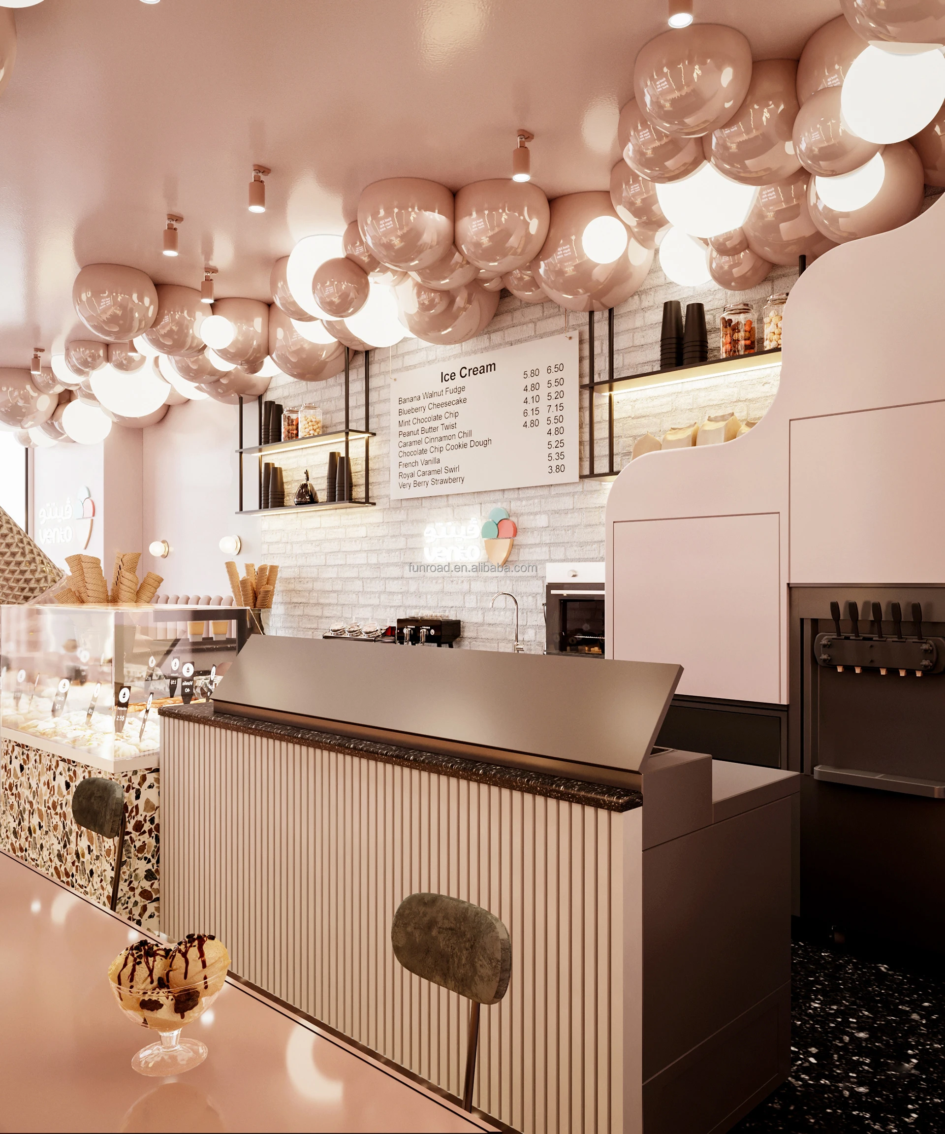 Newest Design Ice Cream Shop Decoration Customized Sweet Shop Counter Ice Cream Display Cabinet Showcase