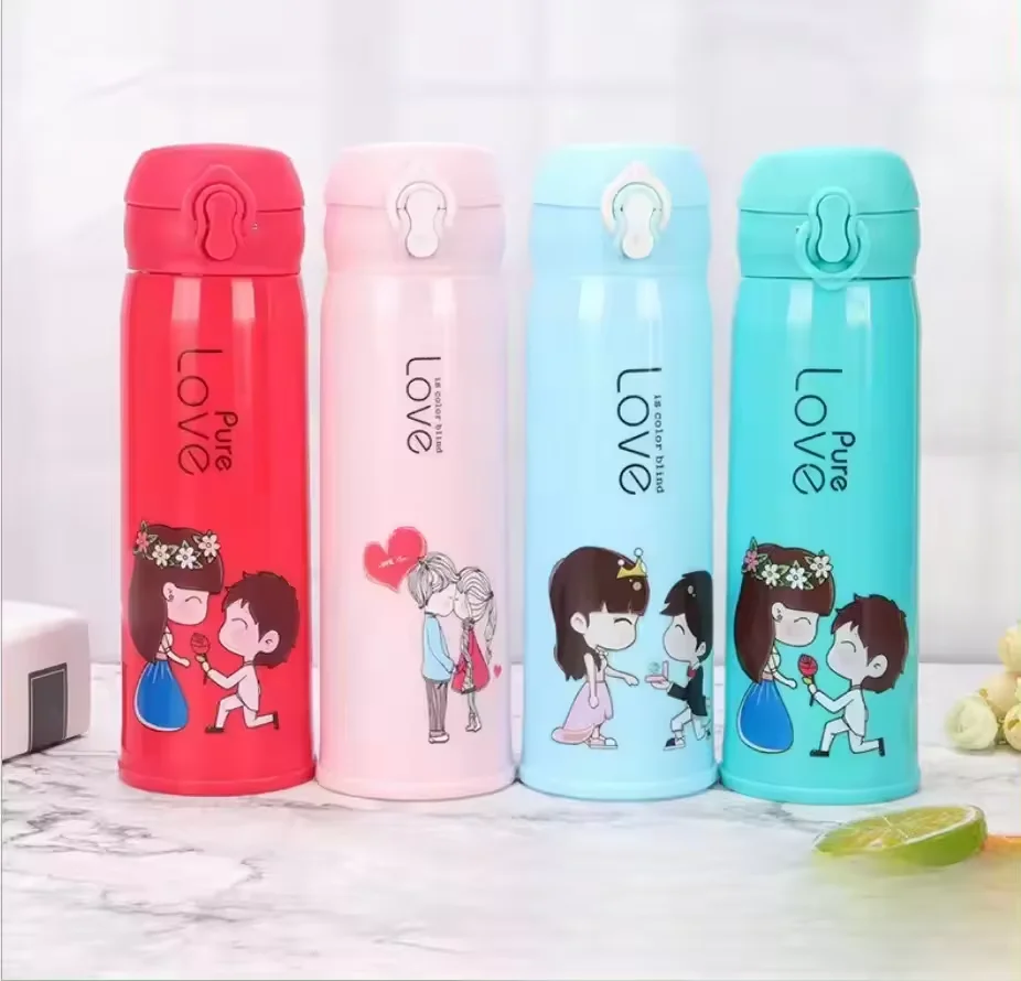 Cartoon student creative cartoon couple Double layer water cup plastic glass cup glass