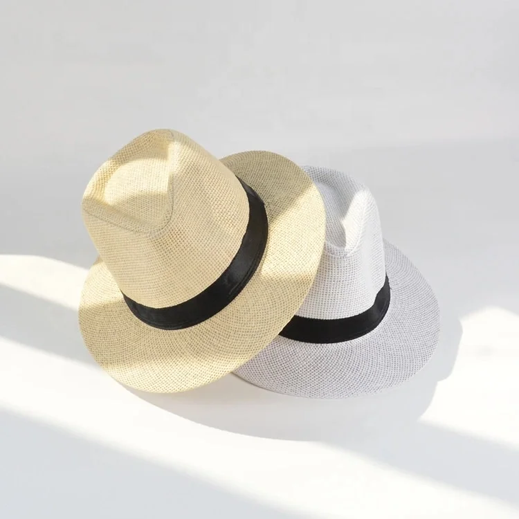 Men Summer Beach Holiday Sun Hat Flat Brim Straw Ribbon Fedoras Sun Protection Eco-friendly Paper Panama Straw Hats