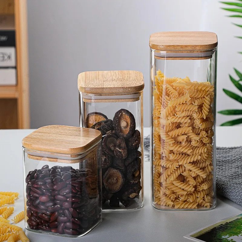 Square Airtight Kitchen Organizer Transparent Glass Food Storage Jars With Bamboo Lids