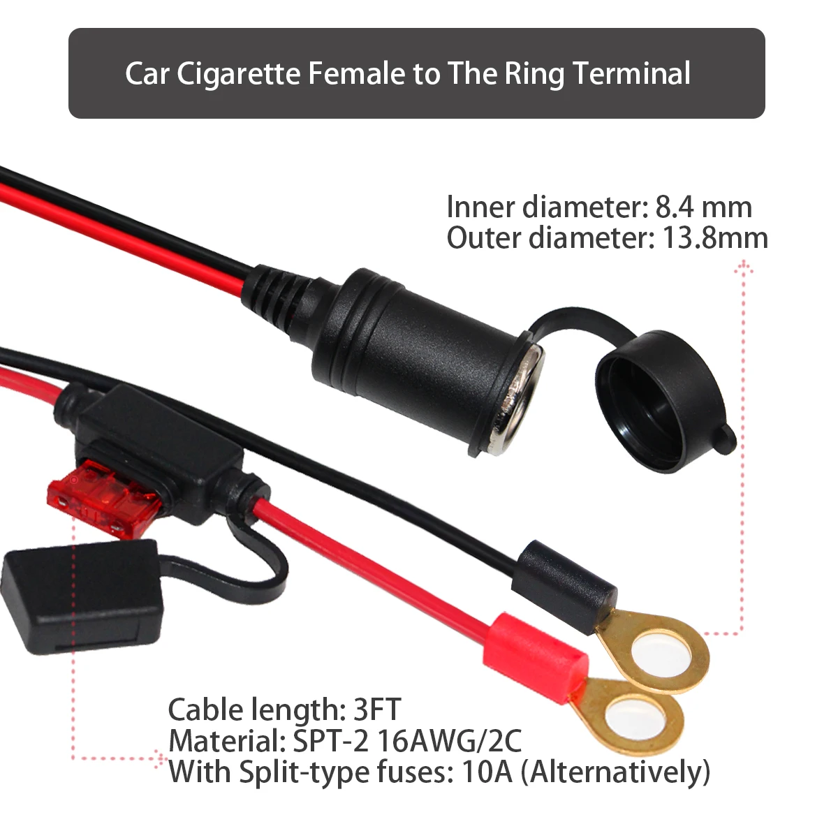Car Cigar Female Plug Adapter Charging Power Extension Cable Two O Ring Terminal For Car Cigarette Lighter