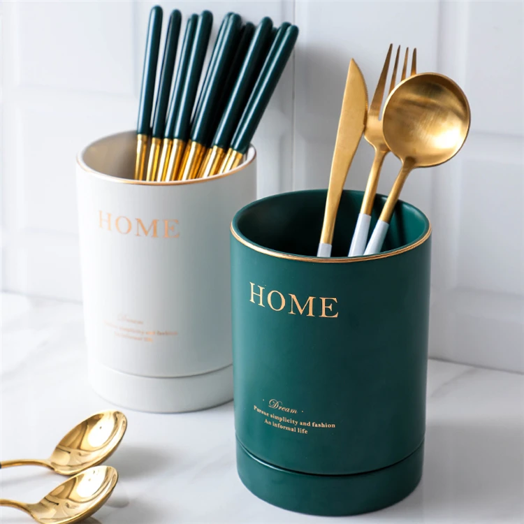 Home goods matte glazed table gold rim ceramic spoon and fork cutlery holder