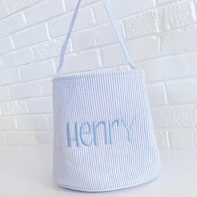 Factory Customized Kids Blue Purple Orange Black Plaid Seersucker Candy Pumpkin Trick or Treat Tote Bag Bucket Halloween Basket