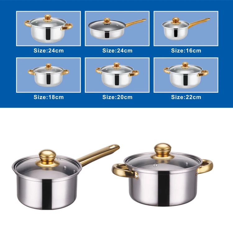 Stainless steel pot set non-stick pan 12-piece set gold-plated handle stainless pots cookware set kitchen