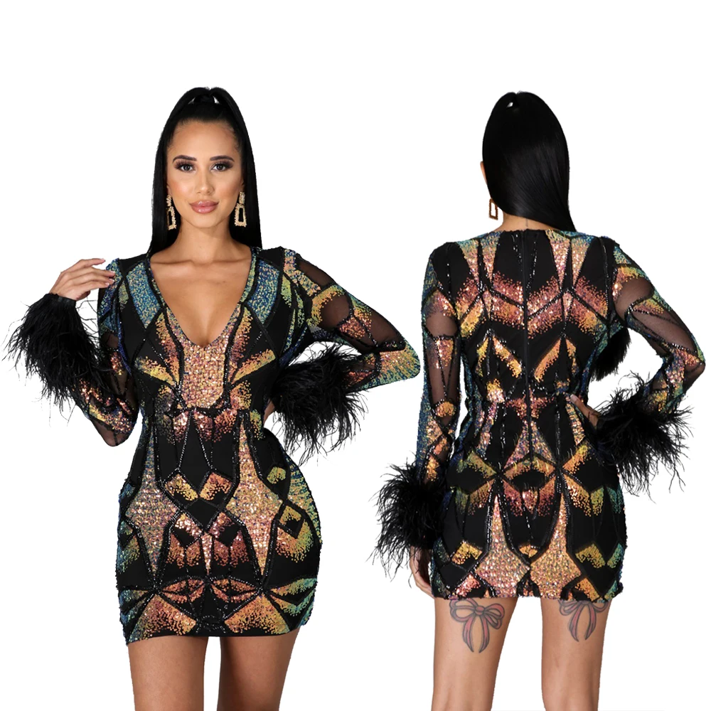  2021 Women Sexy Long Sleeve See Through Fur Crystal Sequined Mesh Dress for Club Party