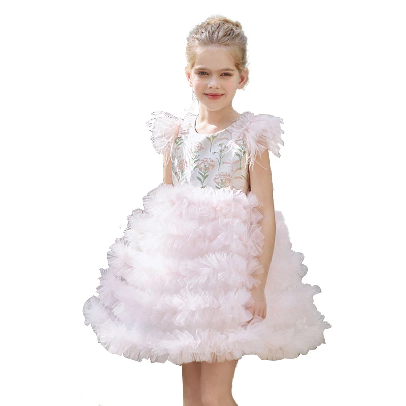 2024 New summer custom floral print jacquard tulle kids party wear sweet cupcake girl dress tutu dresses