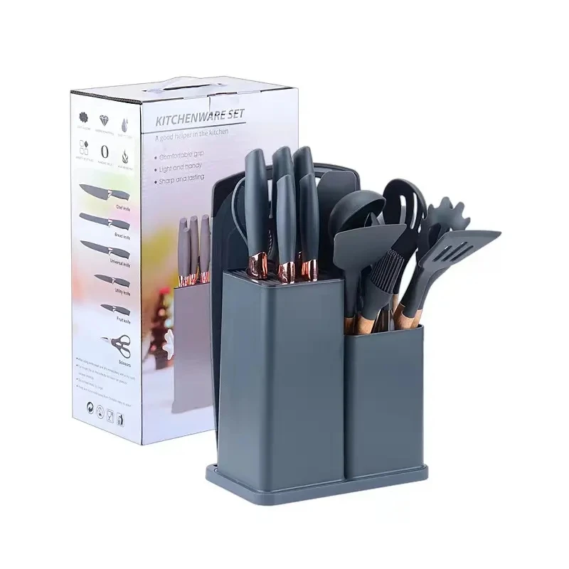 In Stock 19-piece set Kitchenware Set Silicone Utensil Cuttings Board Storage Set With Wooden Handle Bucket Knife Kitchen Tool