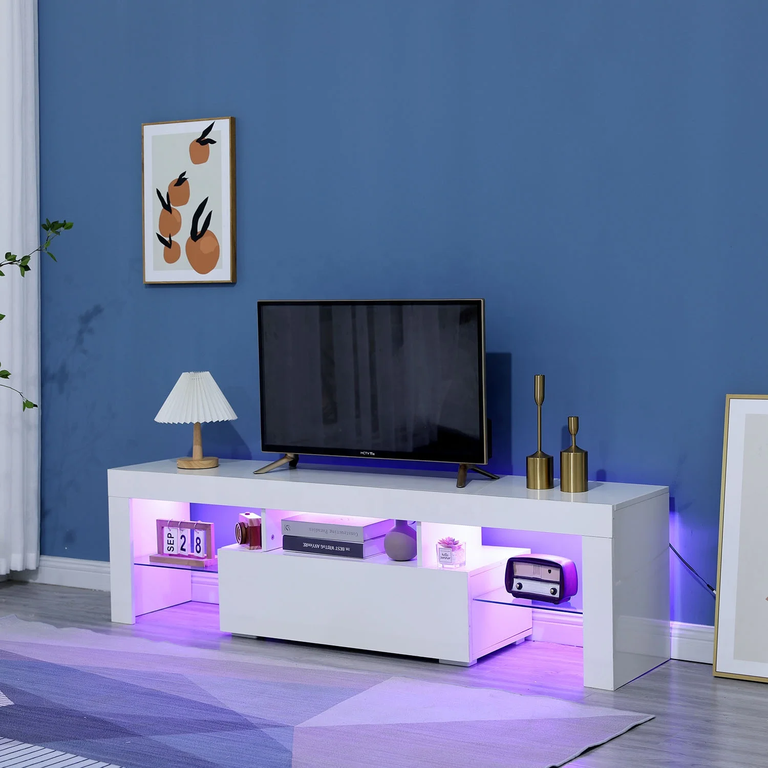 living room RGB Led light high glossy entertainment unit tables wood modern tv