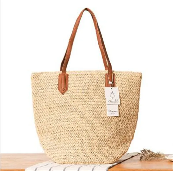 Custom Logo Wholesale Bulk Straw Bag Beach Straw Tote Bag With PU Handle