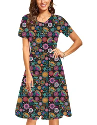 Manufacturer Supplier 2023 New Casual Abstract Flower Printed Round Neck Short Sleeve Midi Dresses Women Custom Clothing
