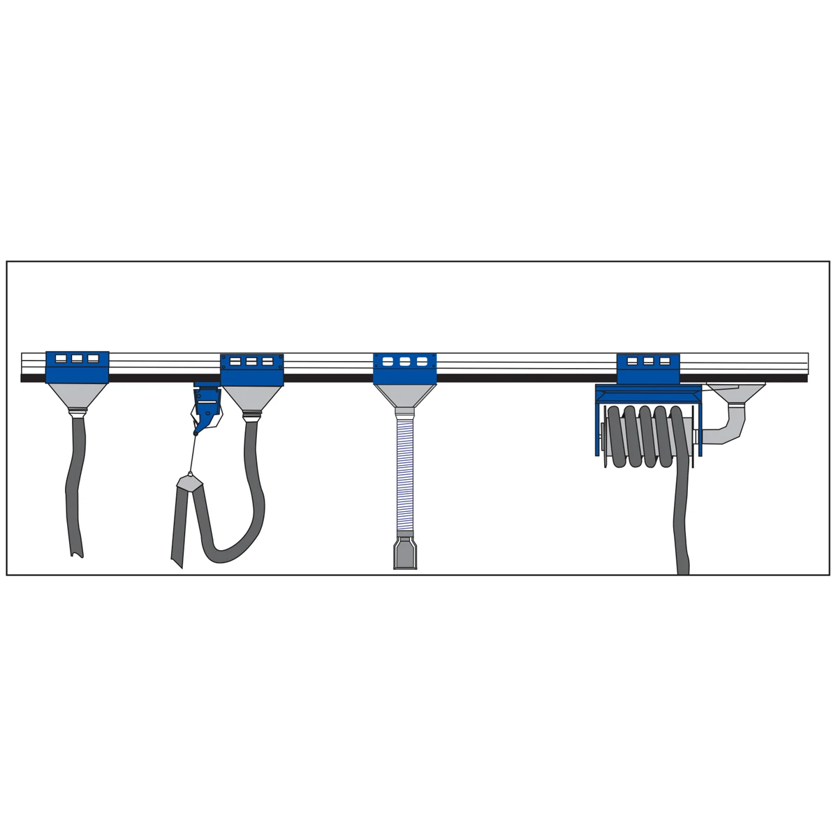 Extruded aluminum rail sliding trolley for exhaust drop hose or exhaust hose reel
