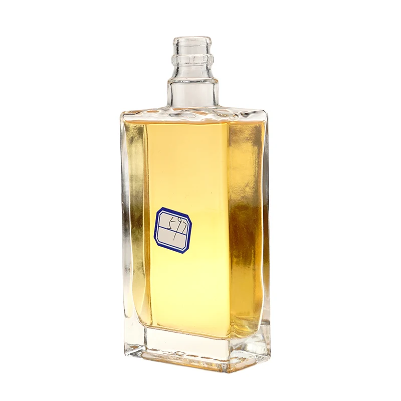 Square 750ml gin whisky spirit vodka brandy liquor super flat flint glass bottle with cork screw cap