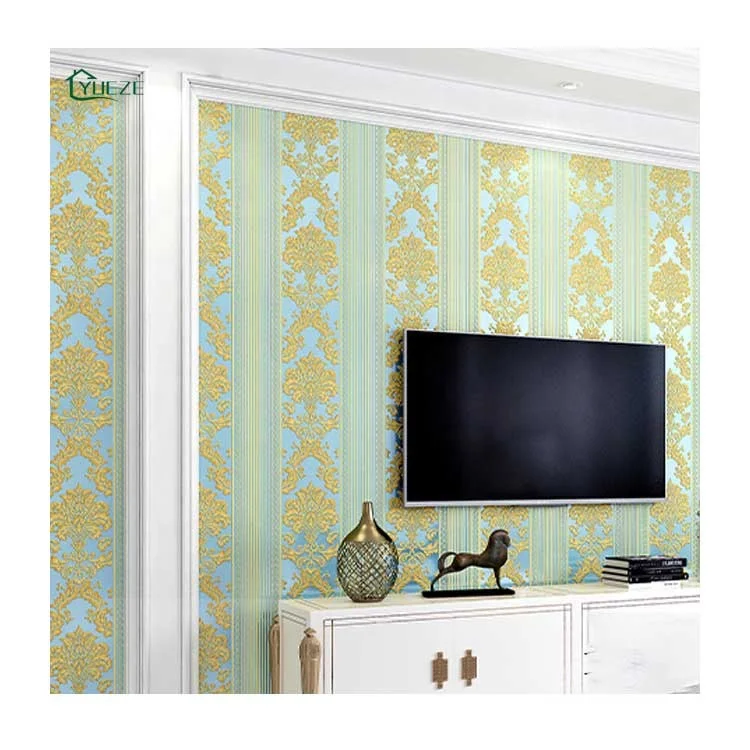 Home Bedroom 3D Wall Household Light Blue Damask Pattern Non Woven Room Wallpaper Suede Living Room Decorative Wall Paper