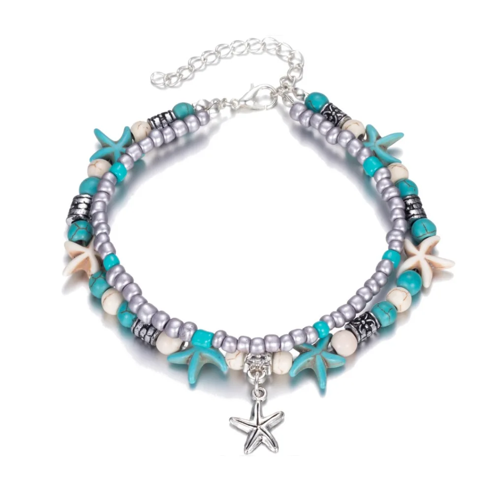 2022 Blue Starfish Turtle Anklet Multilayer Charm Beads Sea Handmade Boho Anklet Foot Jewelry for Women Girl
