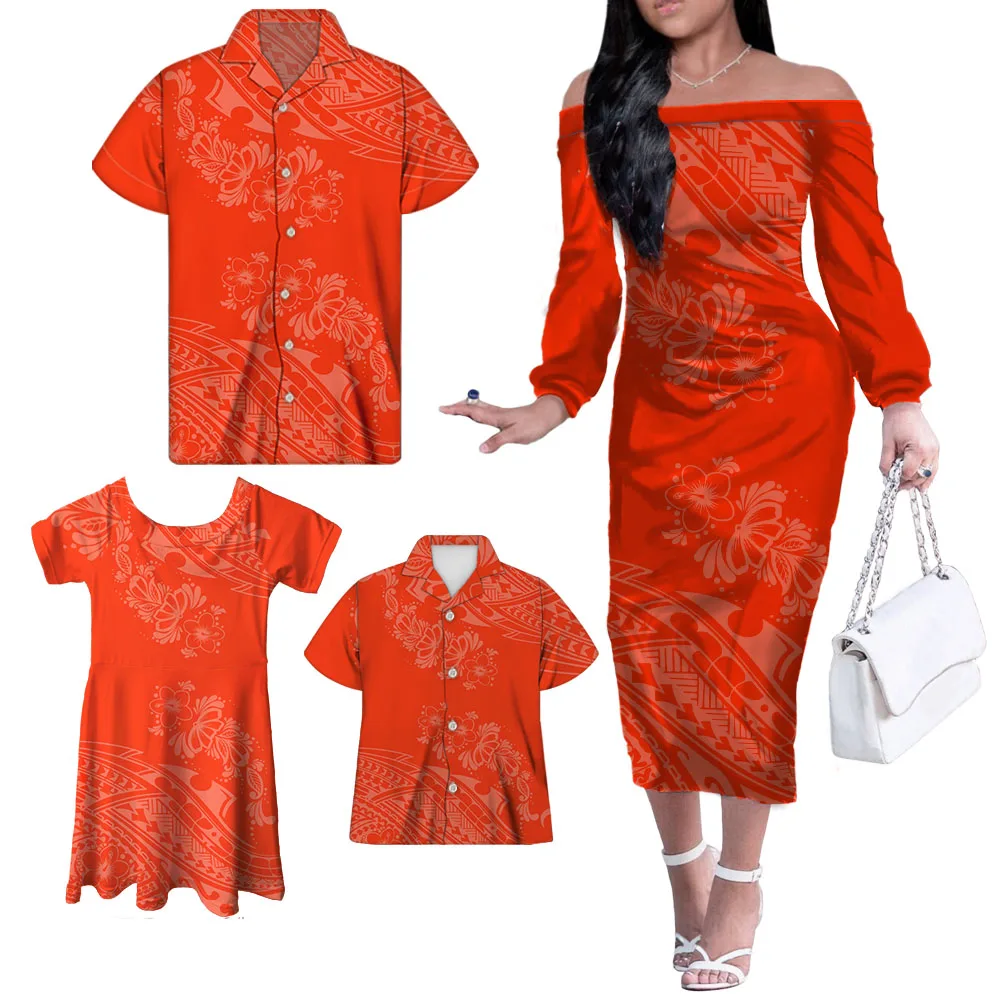 Red Polynesian Family Set 4pcs Set Unique Gifts For MOM Daddy Kids Polyester Off Shoulder Long Dress Little Girl Skrits Set