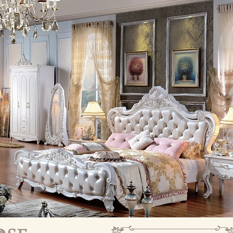 Luxury Italian Bedroom Furniture Set King Size Classic Italian Latest Gold Wooden Bed