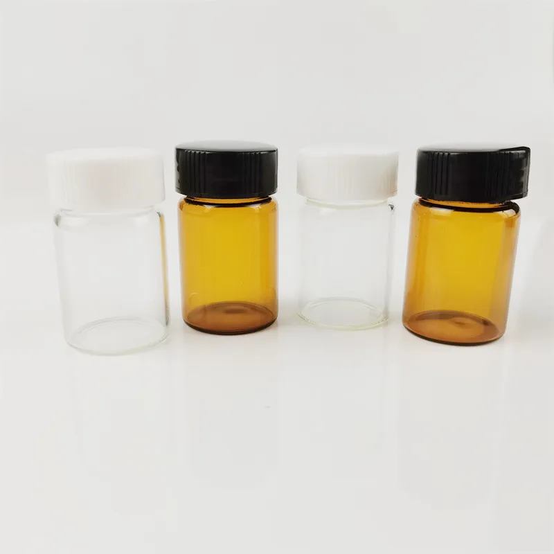 15ml small clear glass pill bottle wide mouth for tablet pharmaceutical round glass amber medicine bottle with black screw lid