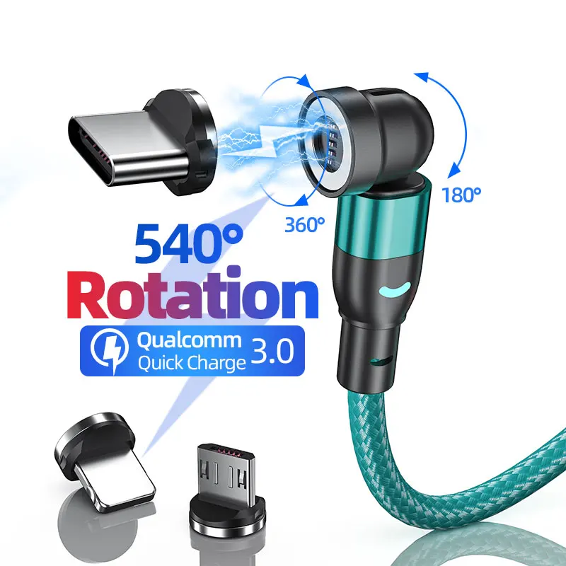 2023 new upgrade 3A fast charging magnetic 3in1 charging cable data transfer cable type c micro heads 540 rotation LED cables