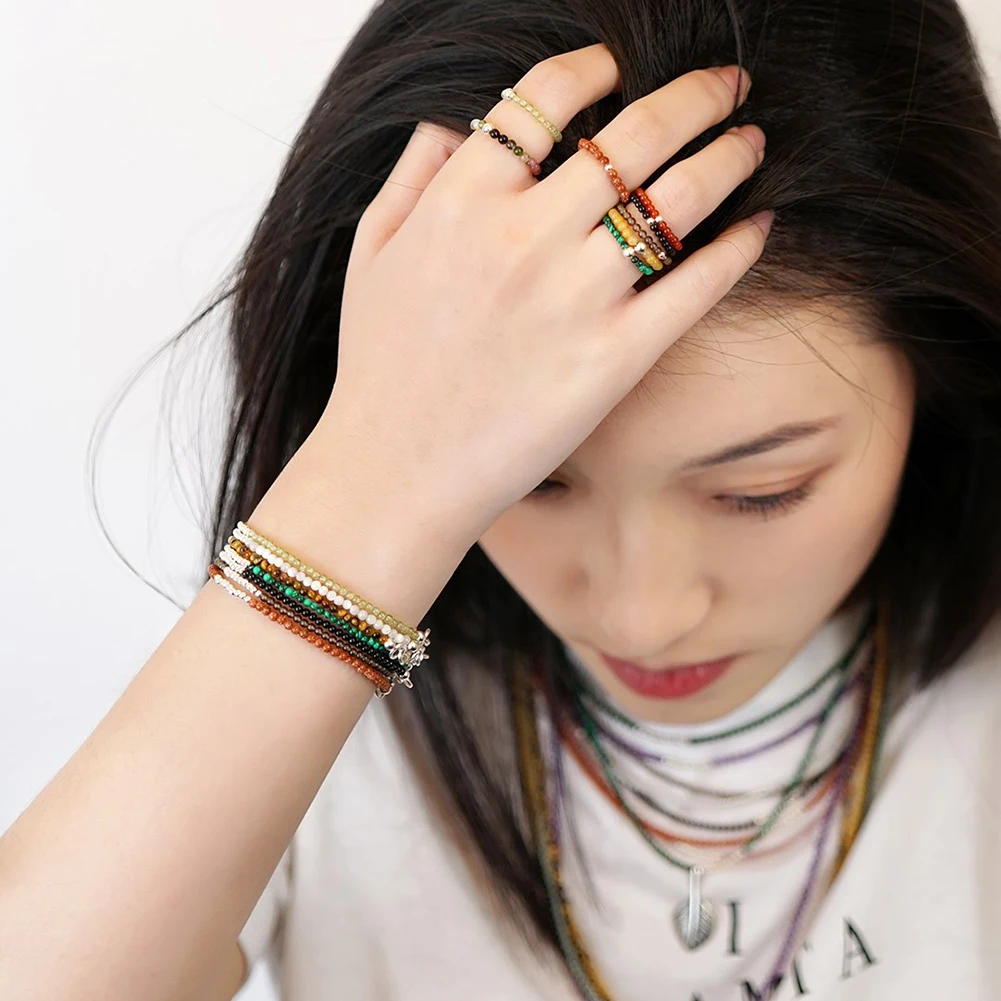 Bohemian Bead Rings Natural Stone Jewelry Multi Color Handmade Fashion Gifts Women Girls Wedding Rings Elastic Adjustable