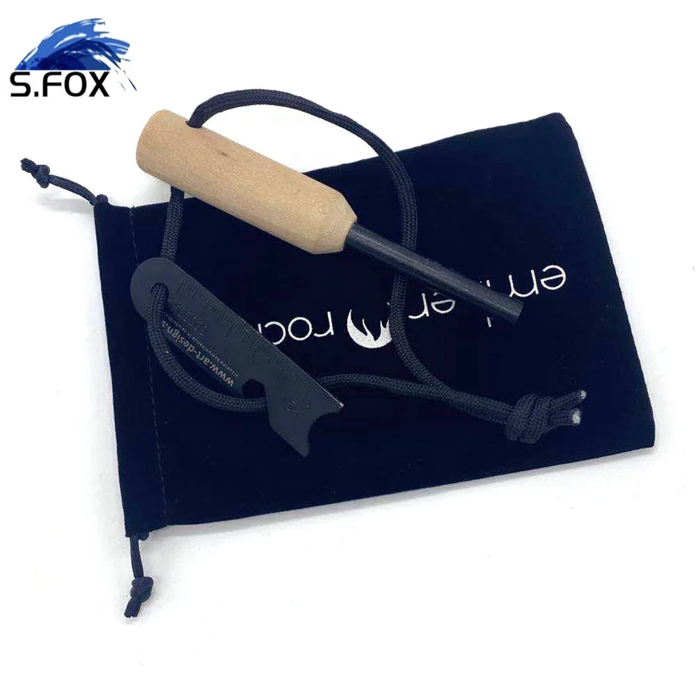 Fire Flint Steel Striker Campfire Pocket Bellows Fire Starter Wood Handle Flint Ribbon Bag
