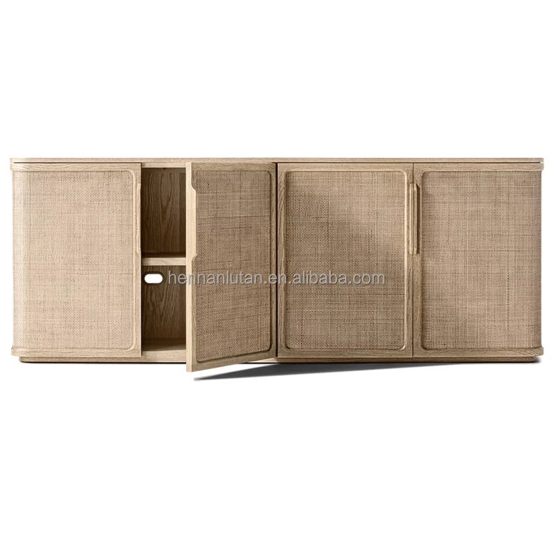 Modern American style living room wood media console French contemporary oak panel 4-door media console