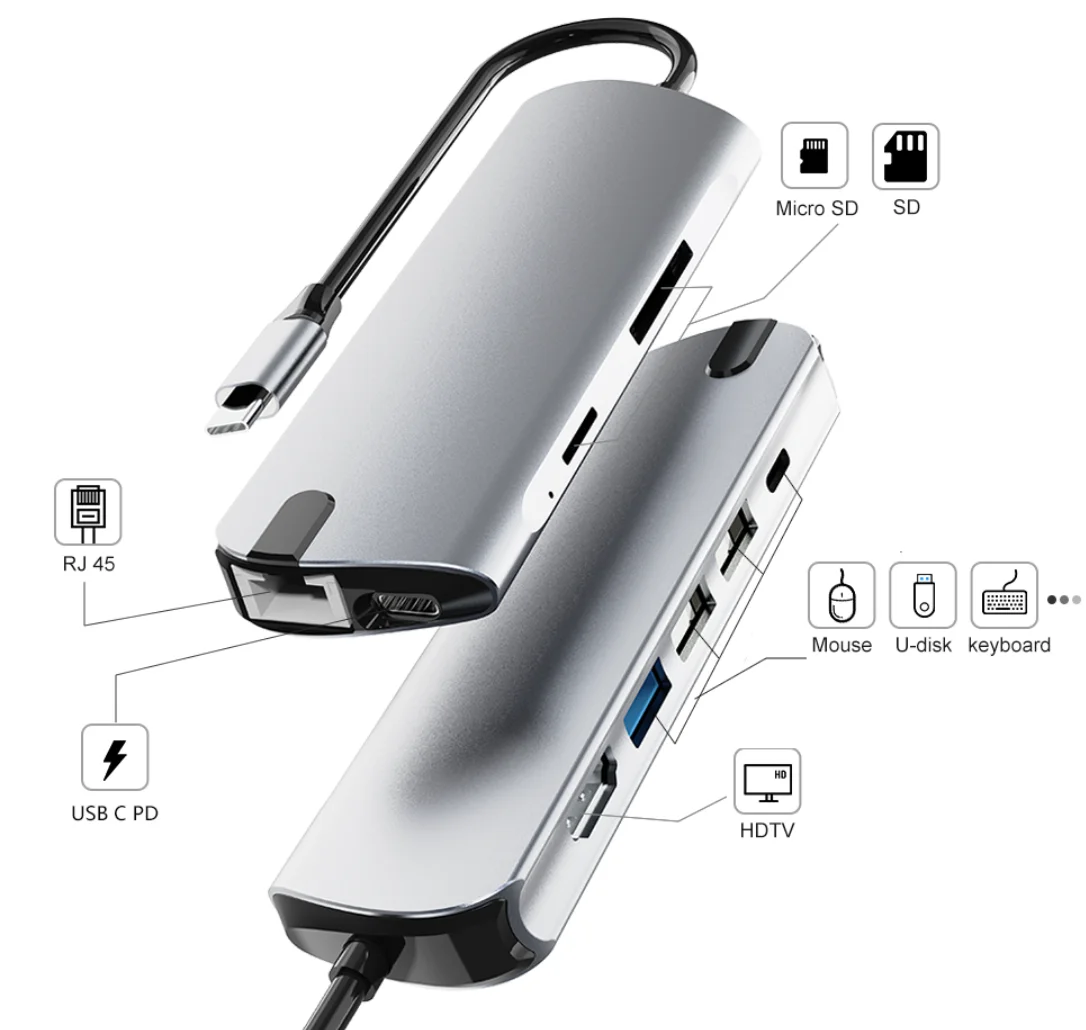 Hub Usb 9  in 1 usb port Dock Station with 4K 30HZ HDMI RJ45  Type-C Multi Functional for Macbook